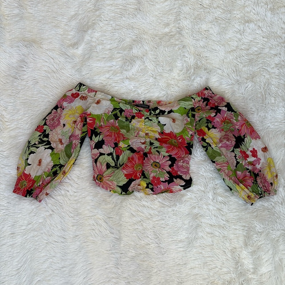Pink and Red Puff Sleeve Smocked Crop Blouse